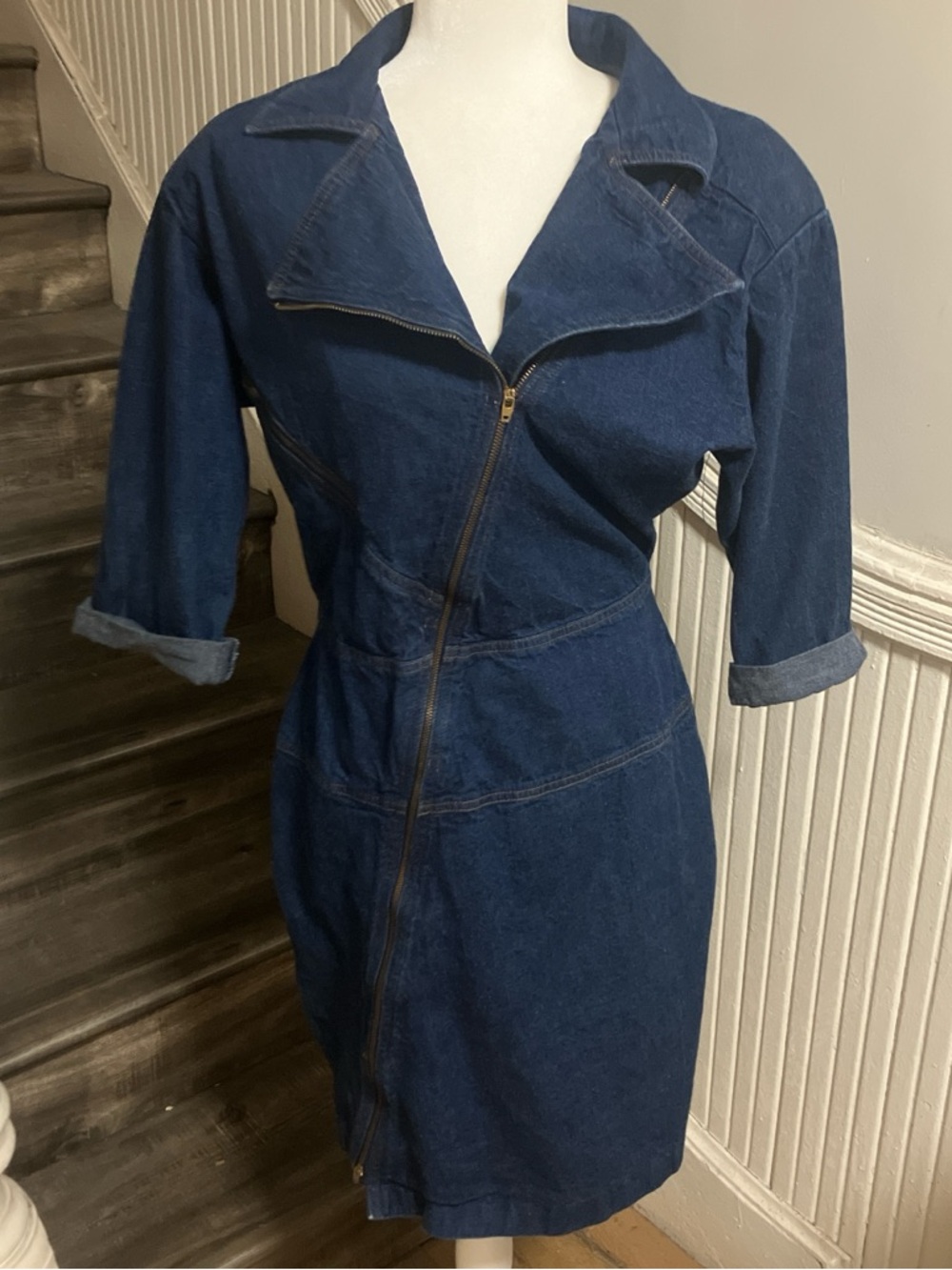 Vintage Dark Blue Denim Dress with Diagonal Zipper